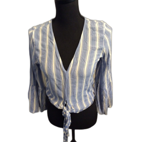 American Eagle Small Boho Long Partial Bell Sleeve Tie Front Striped Top - Picture 1 of 3